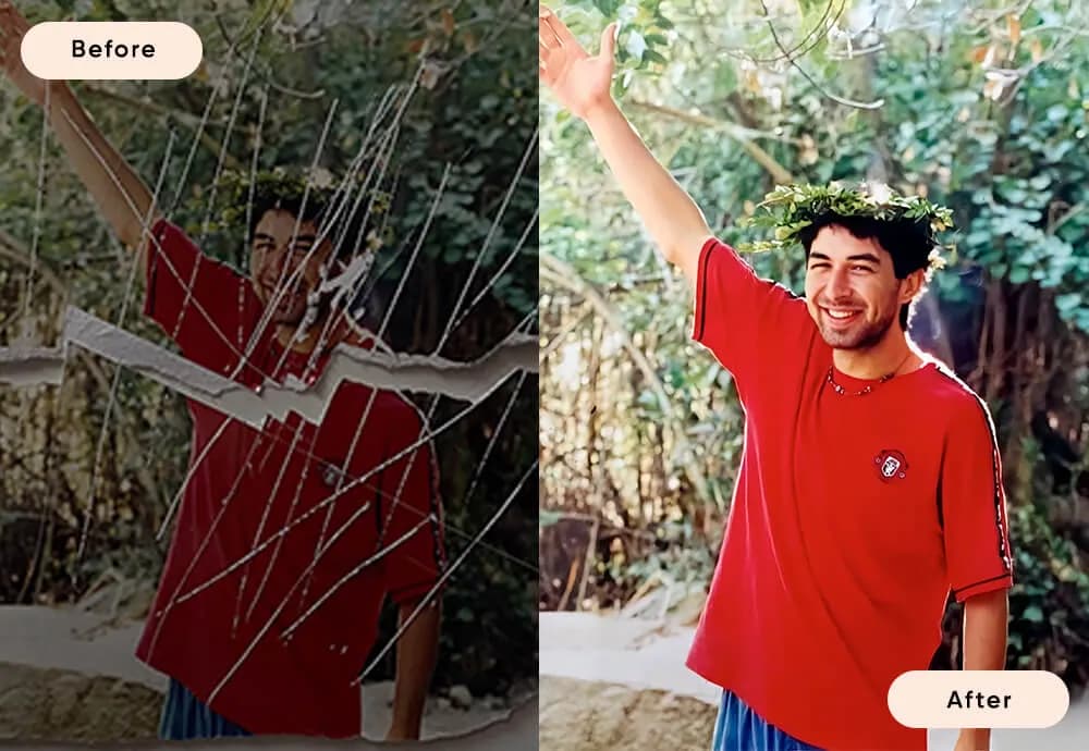 Side-by-side comparison of a photo: "Before" shows a damaged, torn image of a smiling person in a red shirt; "After," thanks to old photo restoration, the same person appears with the photo restored and clear.