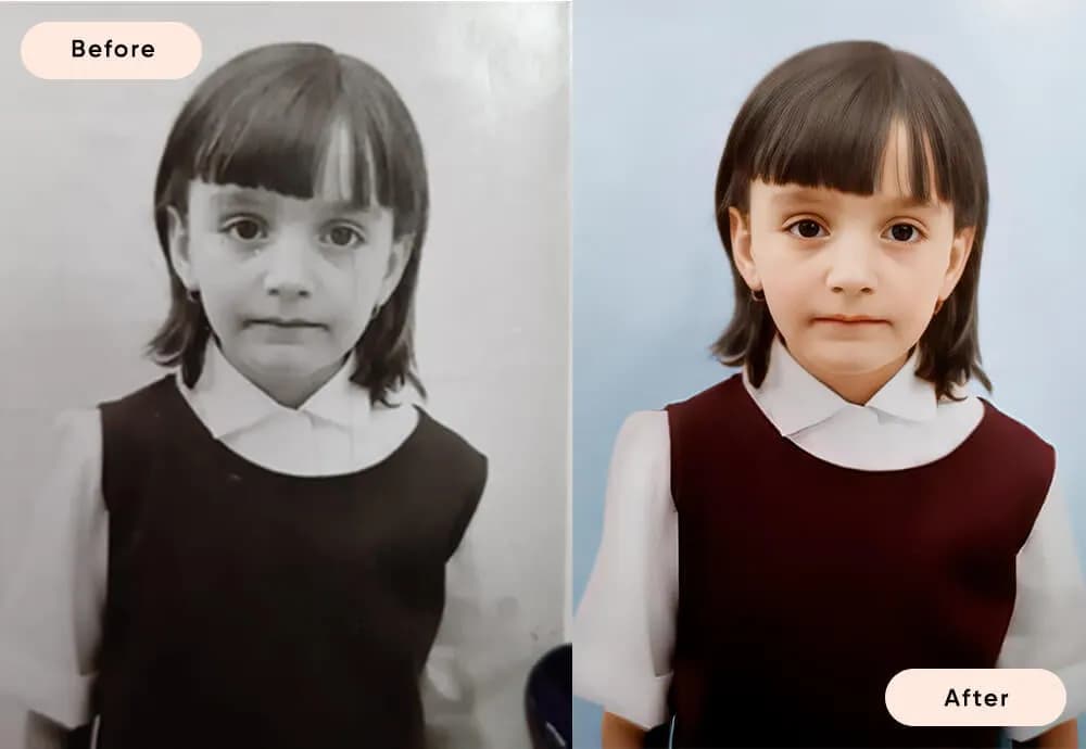 A restored and colorized before-and-after photo of a young child with short hair, wearing a collared shirt and dark dress showcases stunning old photo restoration.